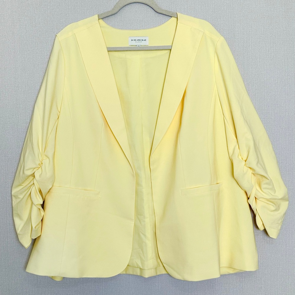 Yellow Skies Are Blue Blazer Open Front Ruched 3/4 Sleeve Lightweight Jacket 2X